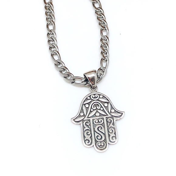 Sterling Silver Large Artisan Hamsa Necklace, Stainless...